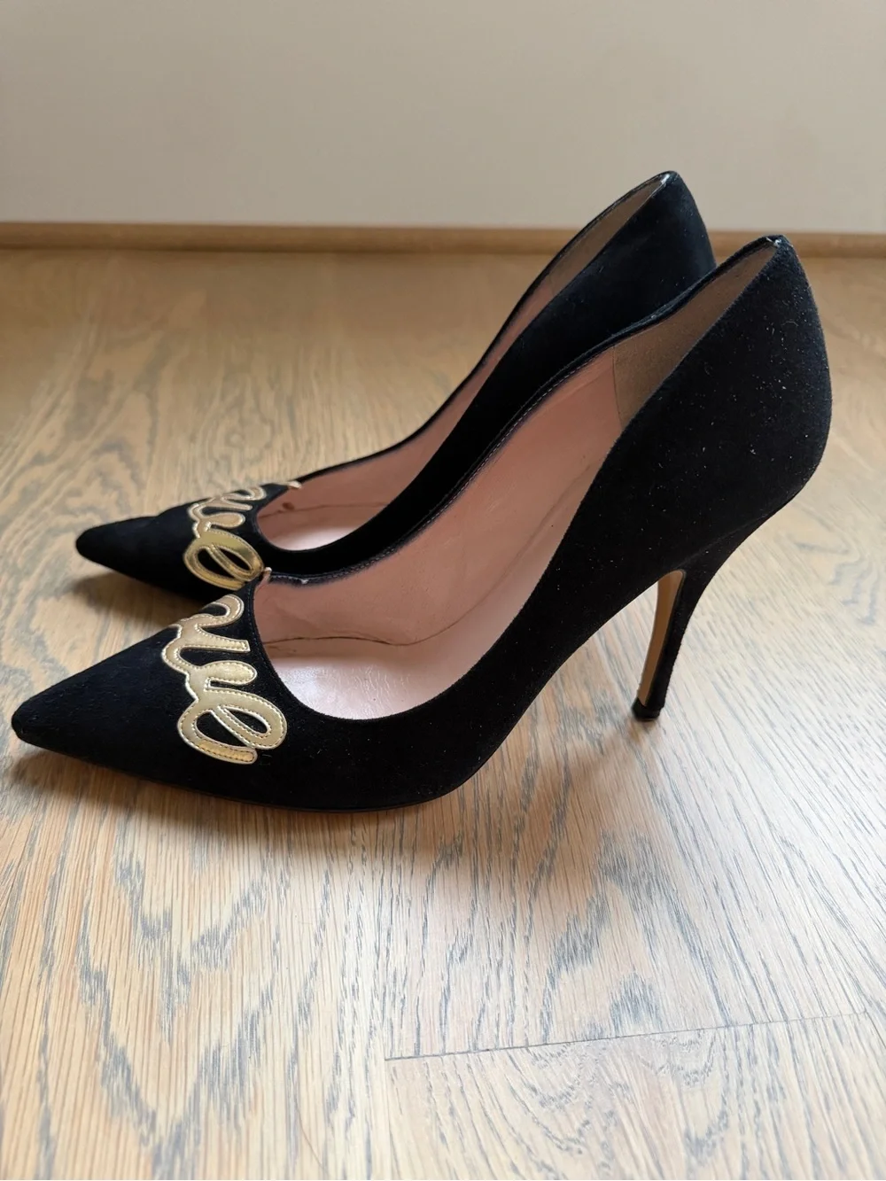 Kate Spade Black Suede Pointed Toe Pumps with Gold 'love' Script